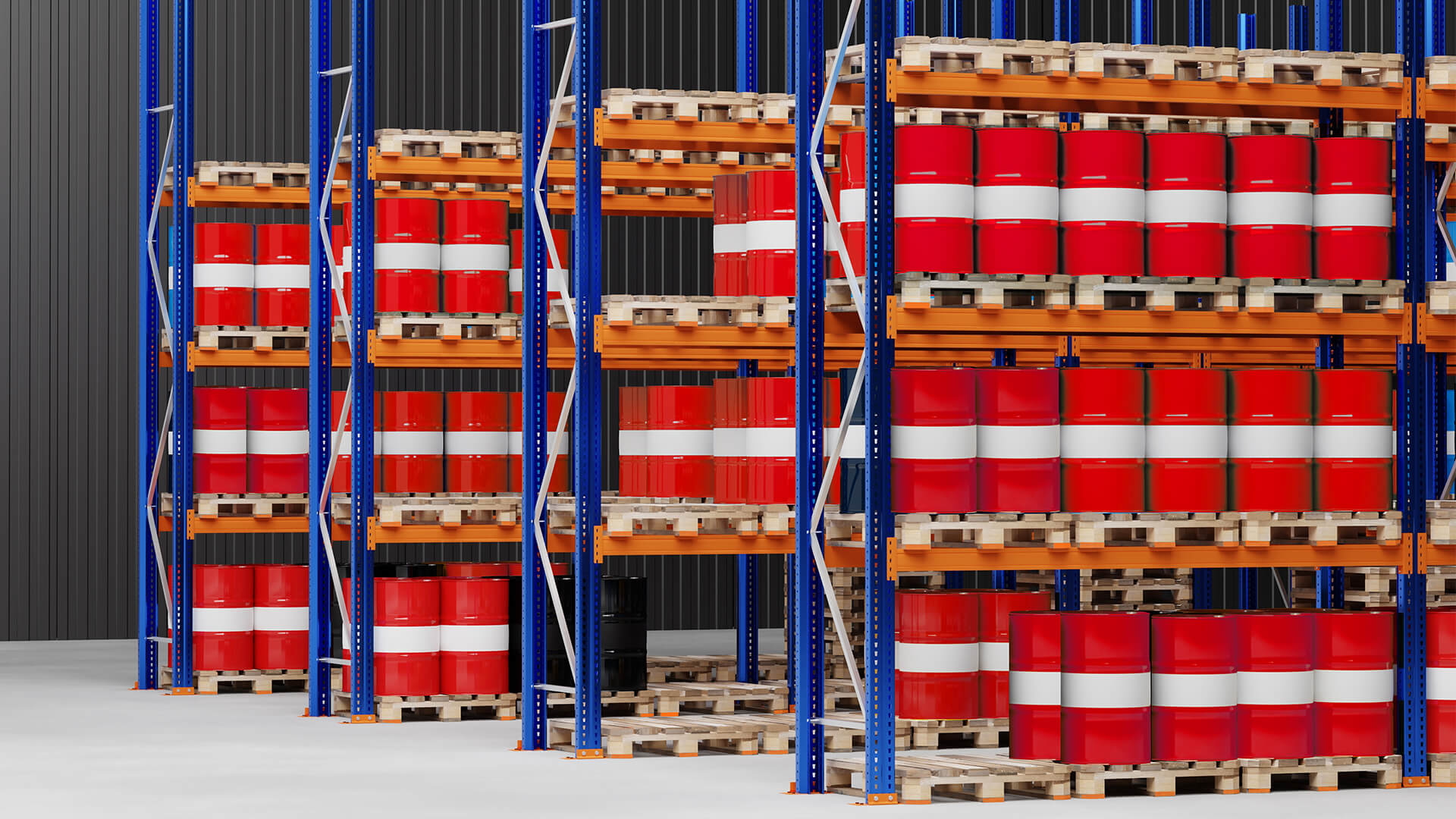 Pallets with barrels in a high-bay warehouse